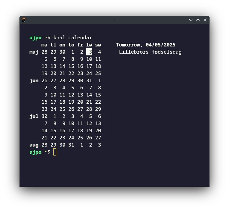 Kitty (a 3rd terminal emulator) running khal