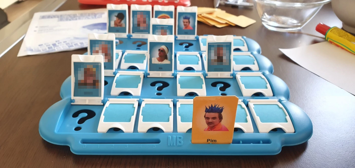 Custom guess who with Pim from Drengene Fra Angora. The blurred faces are our personal friends.