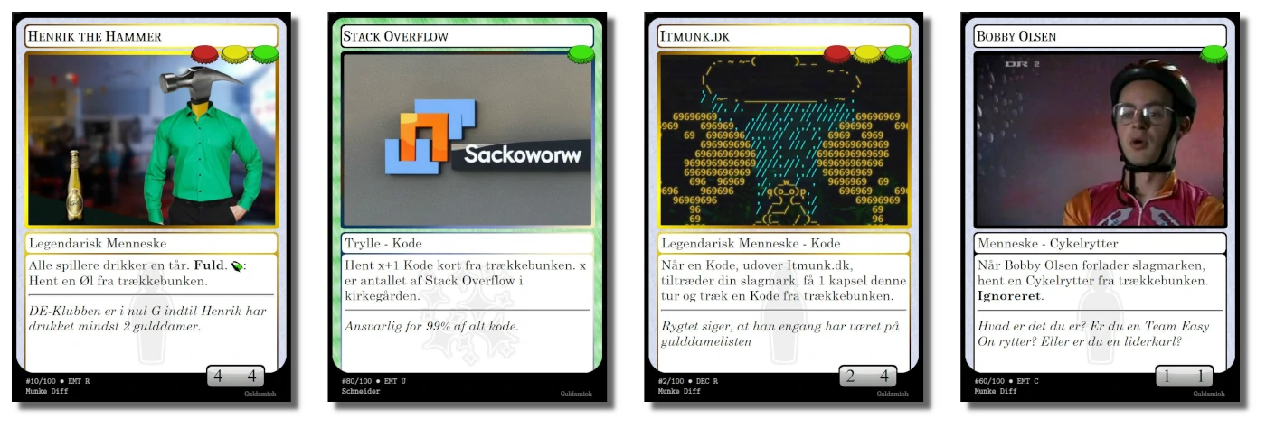 Four sample cards of Guldda-Mi-Oh. The text is in Danish.