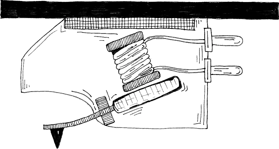 Diagram of a record player pickup, with needle, attached magnet and inductor.