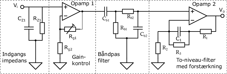 Topology of the pre-amplifier circuit (in Danish).