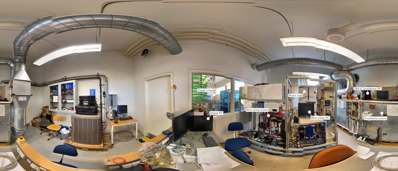 Panorama view of the HVAC laboratory at Aalborg University. Click here for the full picture with labels.