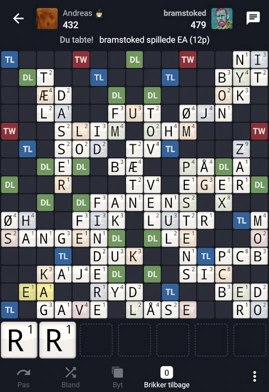 A screenshot from Wordfeud with some blank space removed (yes I lost).